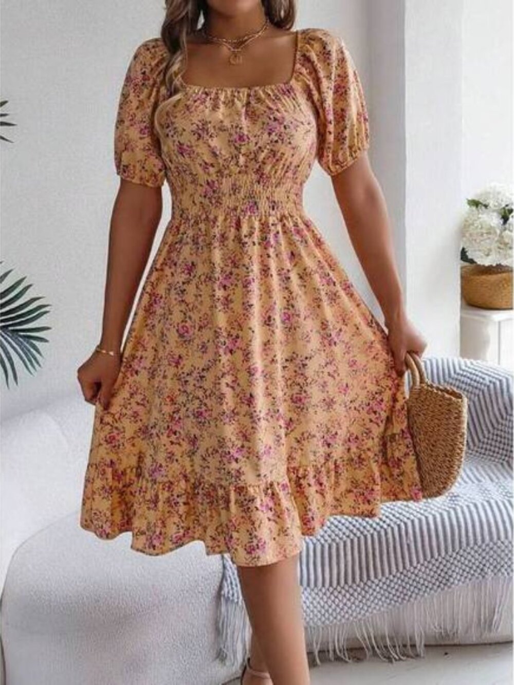 / Puff Sleeve Drawstring Short Sleeve Floral Dress